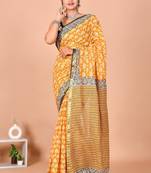 Yellow block print cotton zari sarees with running blouse