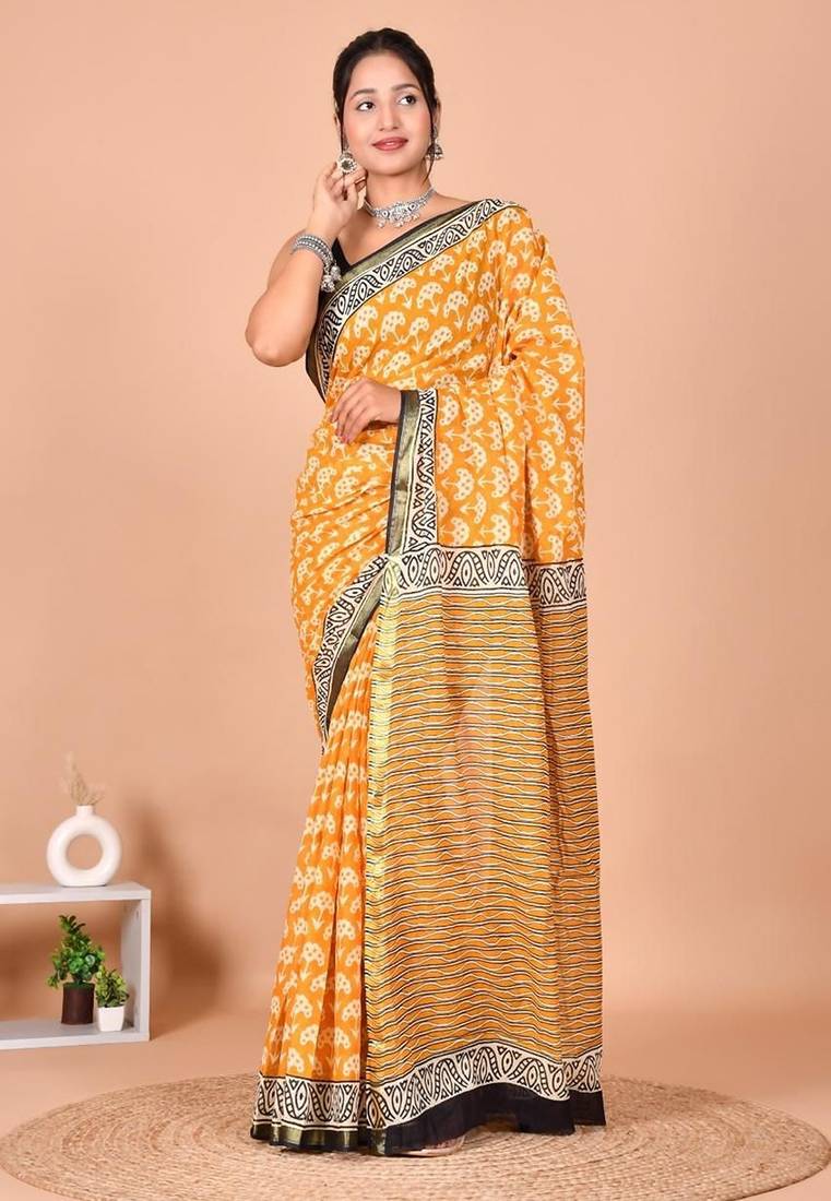 Yellow block print cotton zari sarees with running blouse