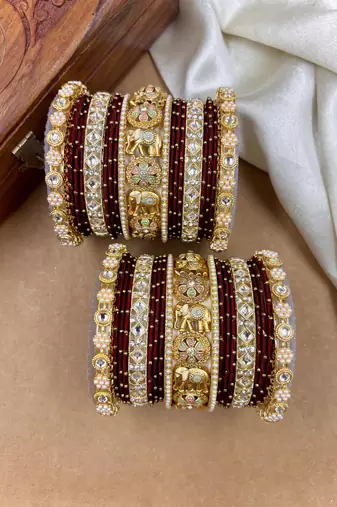 Designer maroon silk thread bangles set