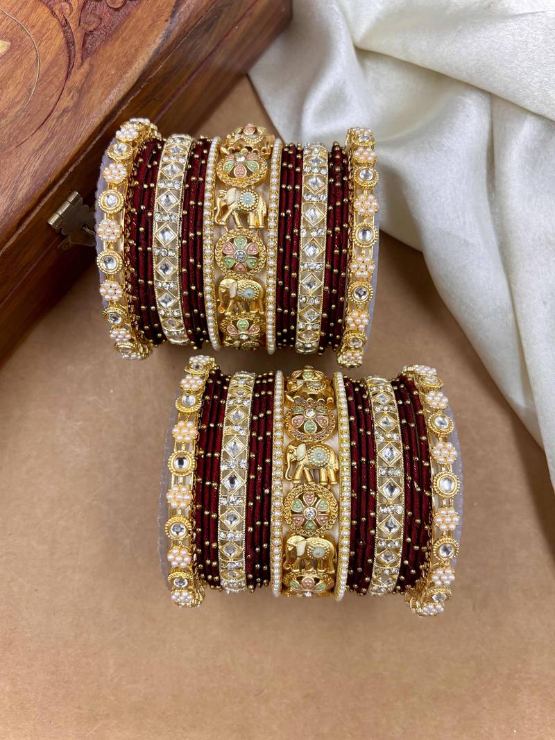 Designer maroon silk thread bangles set