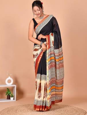 Black block print cotton zari sarees with running blouse 1