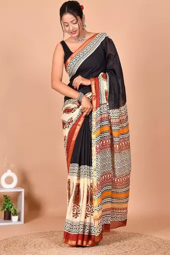 Black block print cotton zari sarees with running blouse