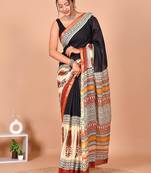 Black block print cotton zari sarees with running blouse