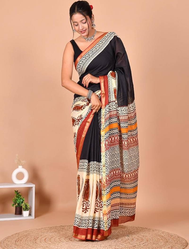 Black block print cotton zari sarees with running blouse