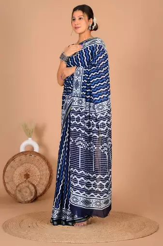 Blue block print cotton zari sarees with running blouse