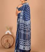 Blue block print cotton zari sarees with running blouse