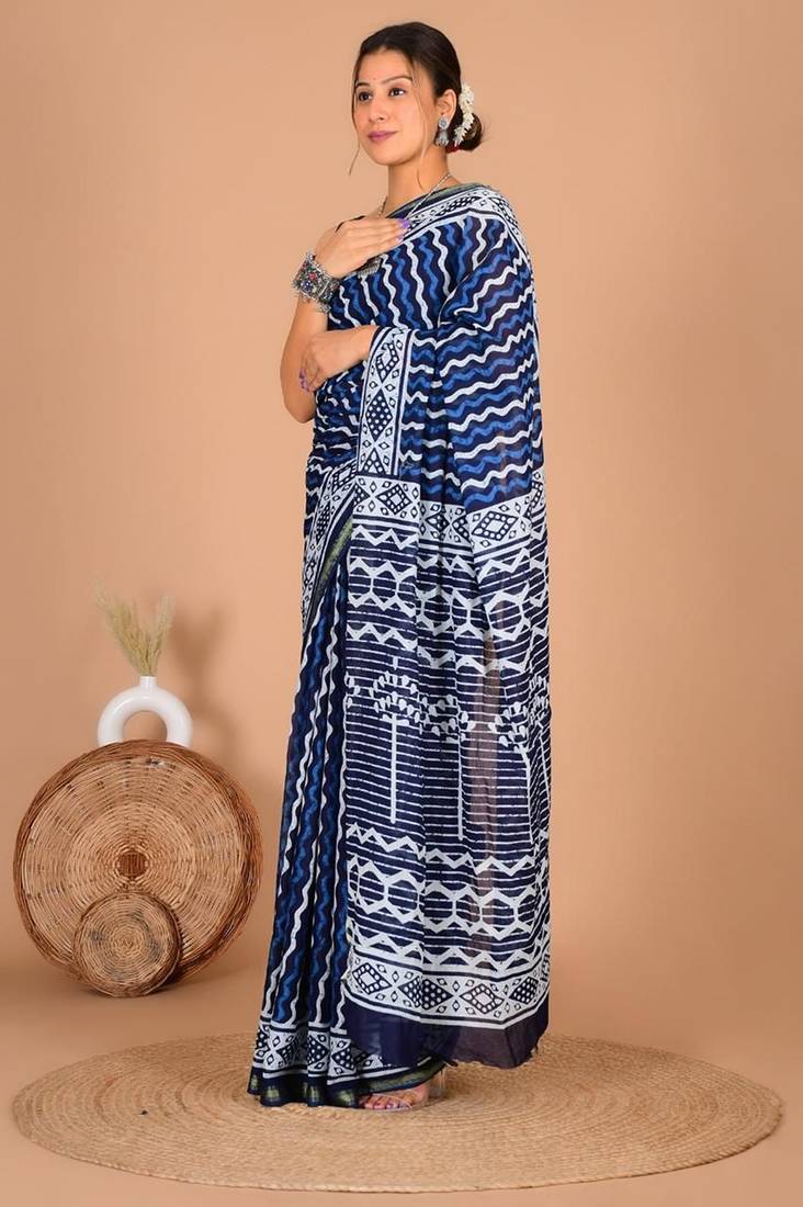 Blue block print cotton zari sarees with running blouse