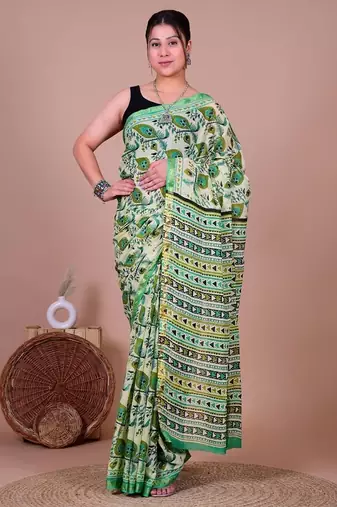 Green block print cotton zari sarees with running blouse