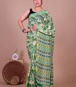 Green block print cotton zari sarees with running blouse
