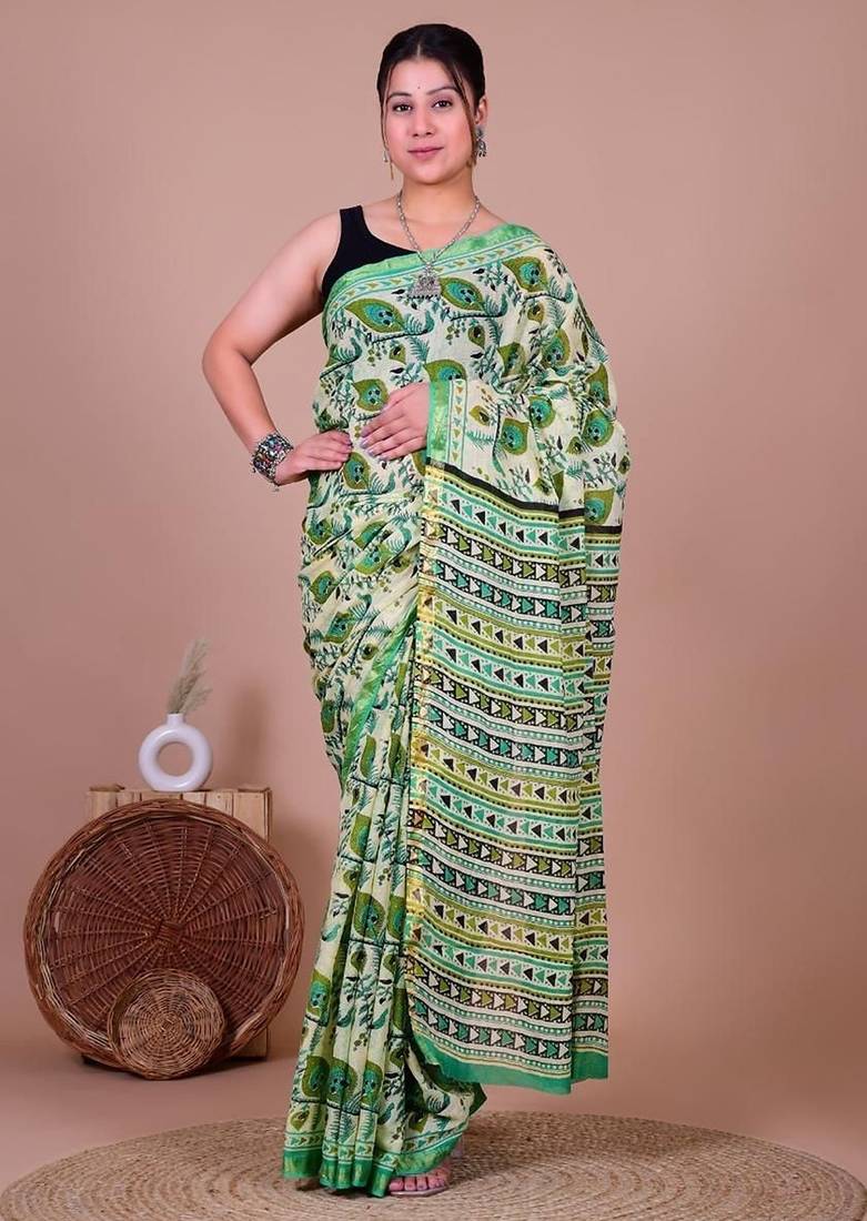 Green block print cotton zari sarees with running blouse