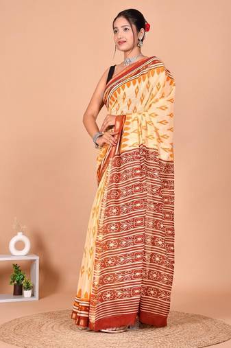 Yellow block print cotton zari sarees with running blouse