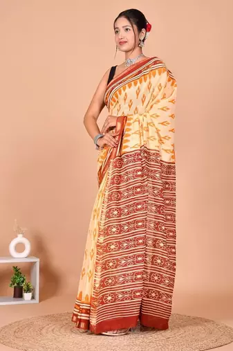 Yellow block print cotton zari sarees with running blouse