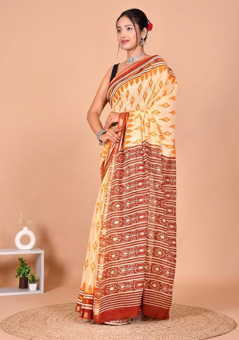 Yellow block print cotton zari sarees with running blouse