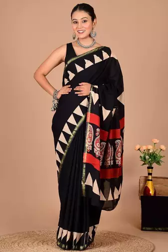 Black block print cotton zari sarees with running blouse