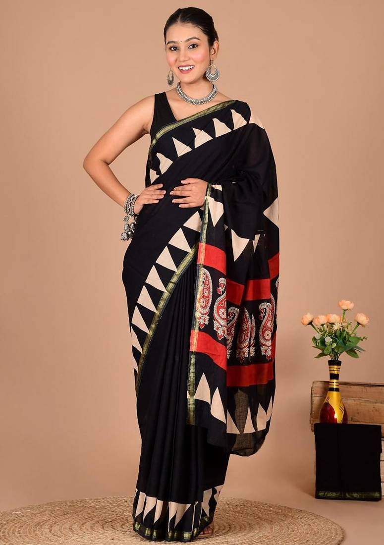 Black block print cotton zari sarees with running blouse