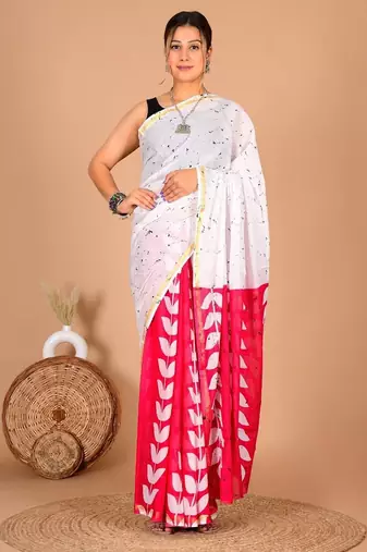 White block print cotton zari sarees with running blouse