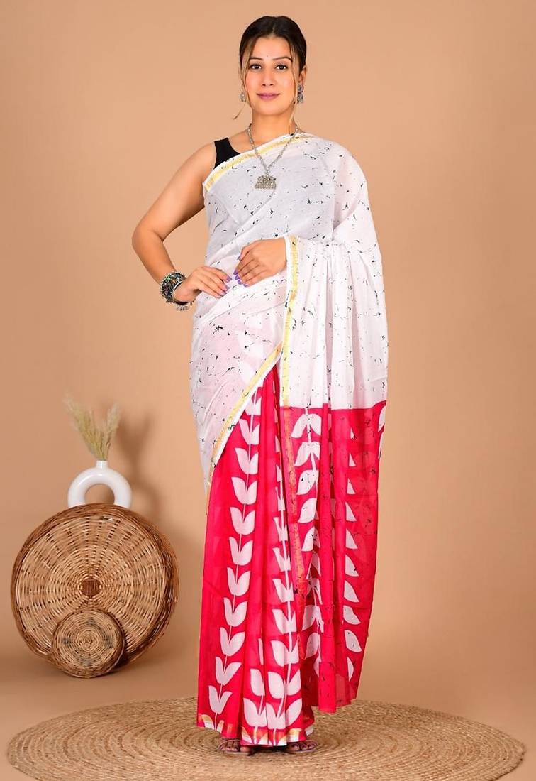 White block print cotton zari sarees with running blouse