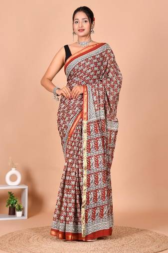 Multicolor block print cotton zari sarees with running blouse