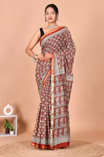 Multicolor block print cotton zari sarees with running blouse