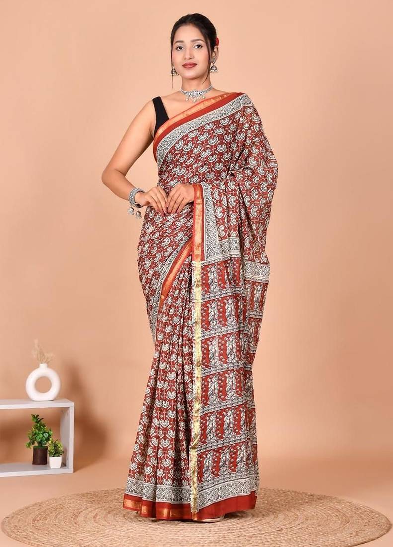 Multicolor block print cotton zari sarees with running blouse