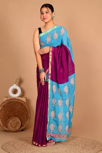 Magenta block print cotton zari sarees with running blouse