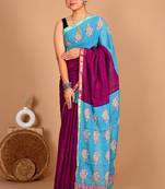 Magenta block print cotton zari sarees with running blouse