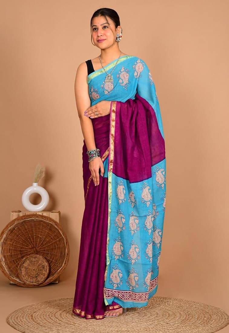 Magenta block print cotton zari sarees with running blouse