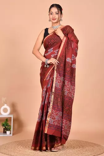 Maroon block print cotton zari sarees with running blouse
