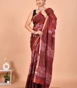 Maroon block print cotton zari sarees with running blouse