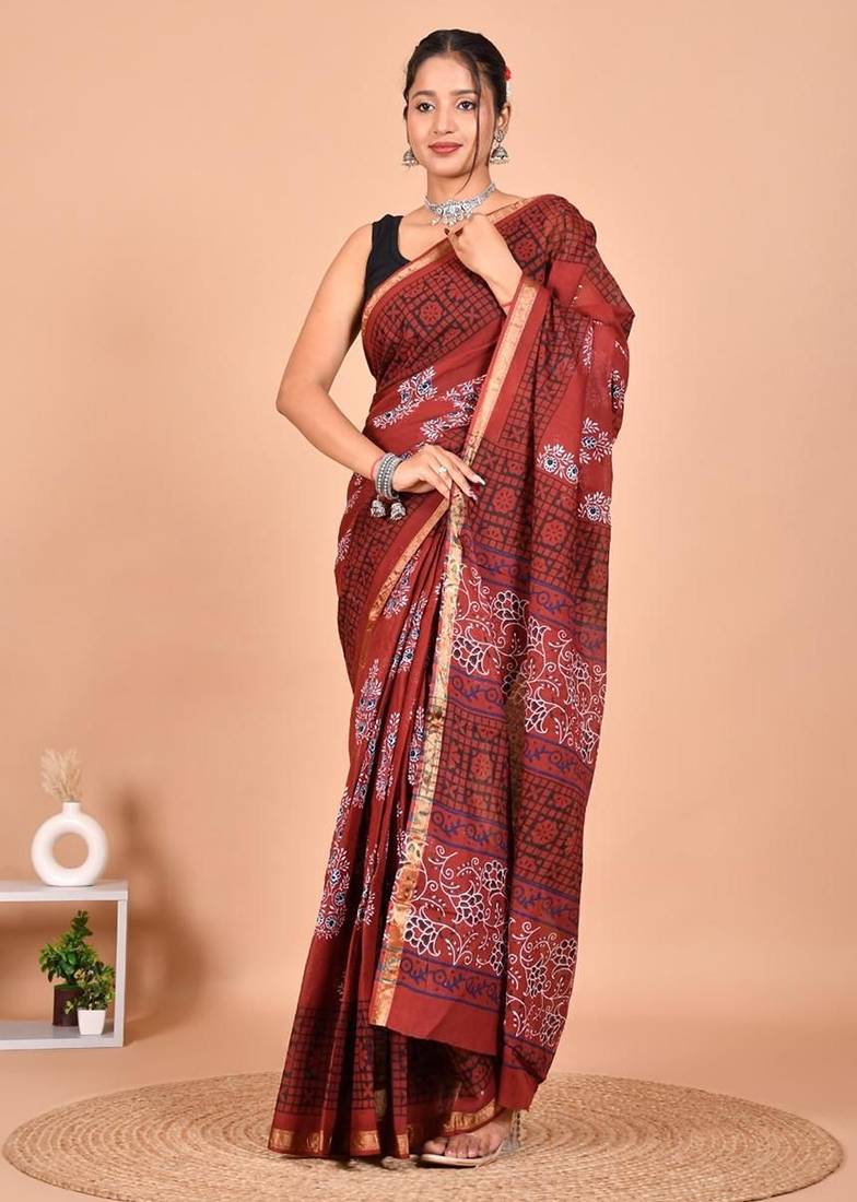 Maroon block print cotton zari sarees with running blouse