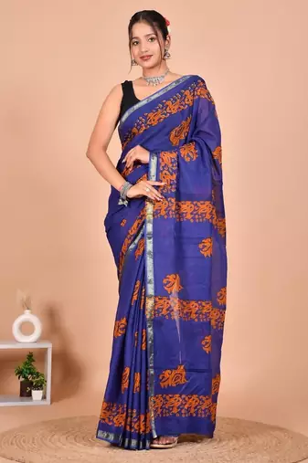 Blue block print cotton zari sarees with running blouse