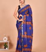 Blue block print cotton zari sarees with running blouse