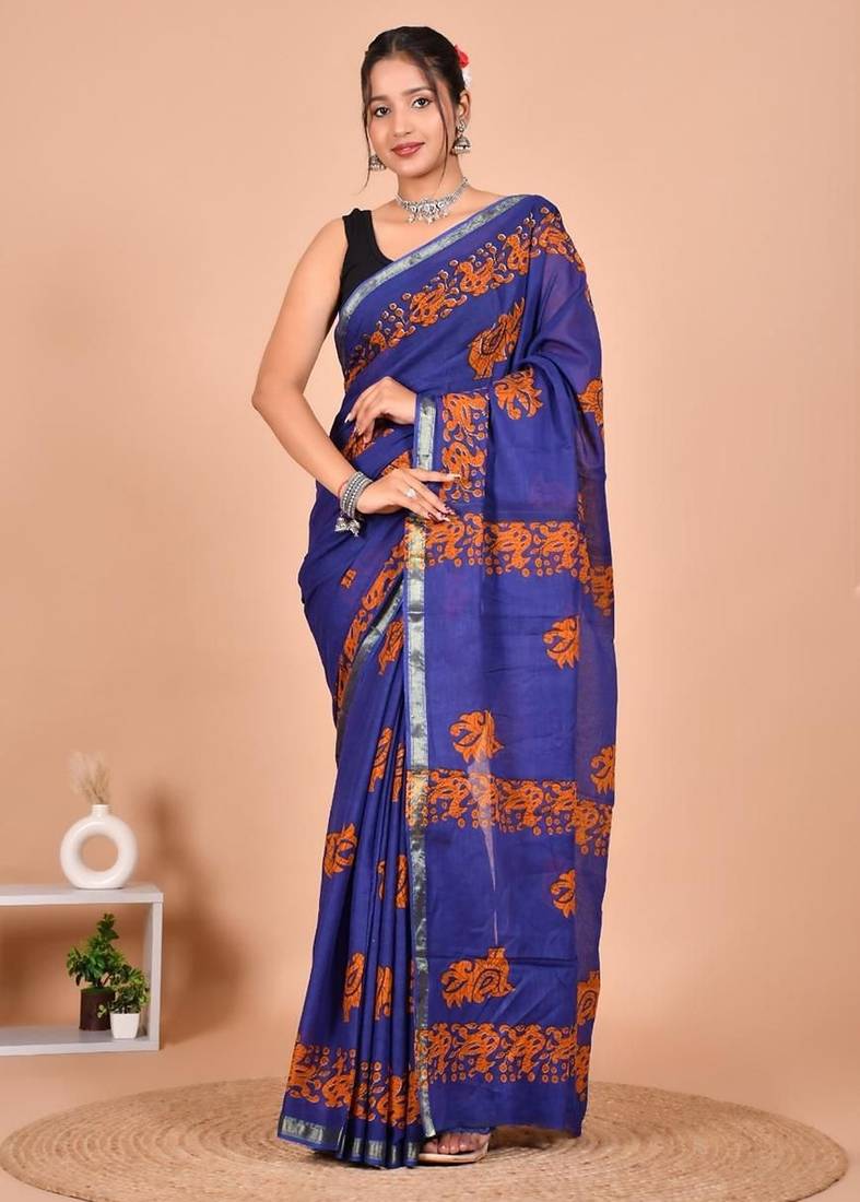 Blue block print cotton zari sarees with running blouse