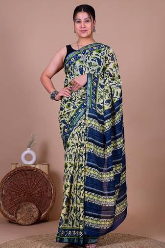 Green block print cotton zari sarees with running blouse