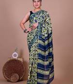 Green block print cotton zari sarees with running blouse