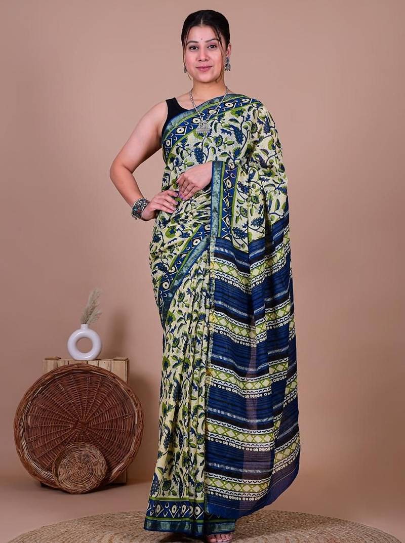 Green block print cotton zari sarees with running blouse