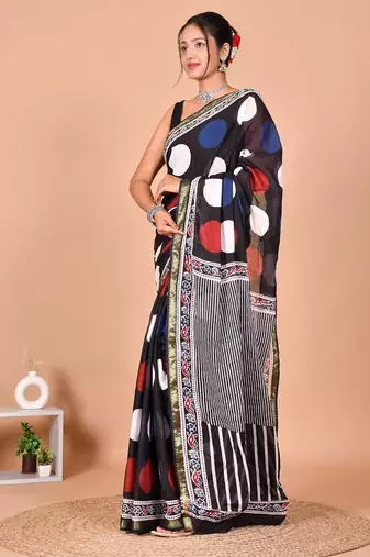 Multicolor block print cotton zari sarees with running blouse