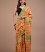 Orange cotton hand block printed mulmul sarees with attach printed blouse