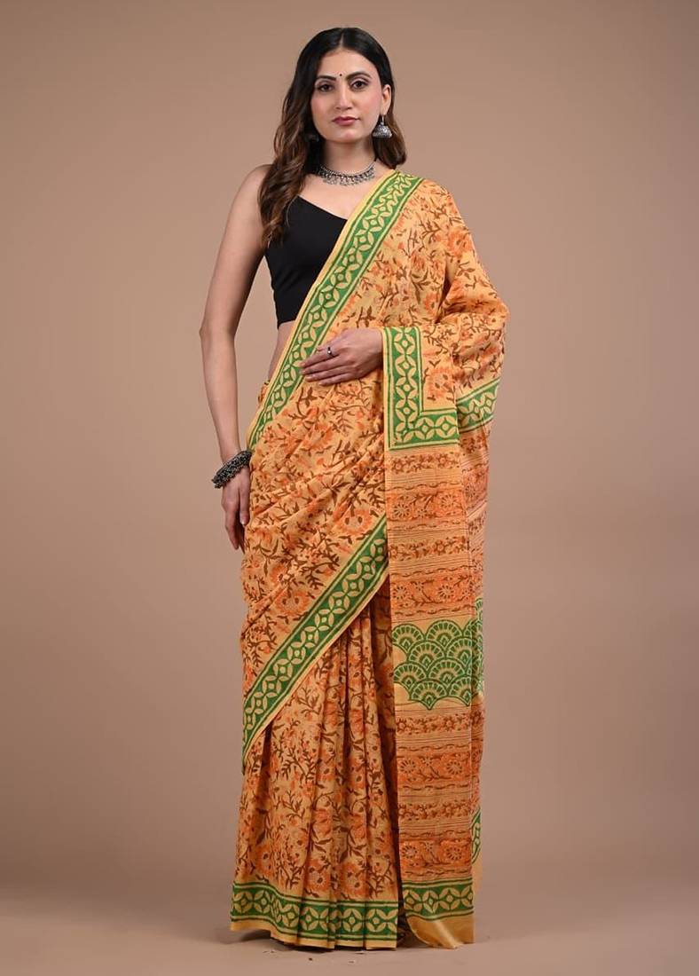 Orange cotton hand block printed mulmul sarees with attach printed blouse