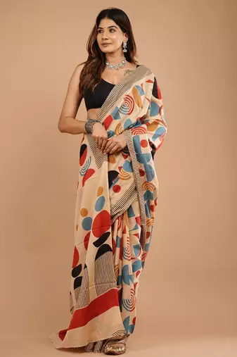 Multicolor cotton hand block printed mulmul sarees with attach printed blouse