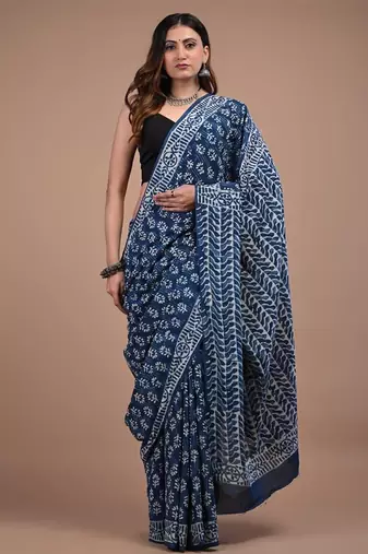 Blue cotton hand block printed mulmul sarees with attach printed blouse