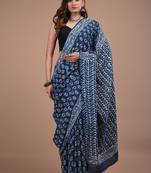 Blue cotton hand block printed mulmul sarees with attach printed blouse