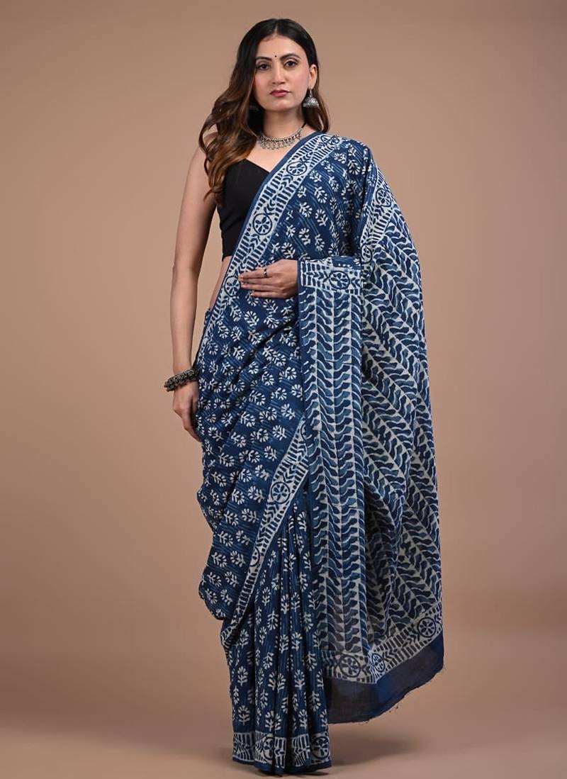 Blue cotton hand block printed mulmul sarees with attach printed blouse