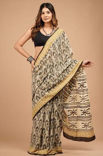 Beige cotton hand block printed mulmul sarees with attach printed blouse