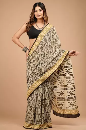 Beige cotton hand block printed mulmul sarees with attach printed blouse