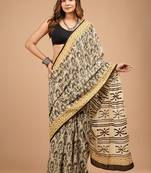 Beige cotton hand block printed mulmul sarees with attach printed blouse