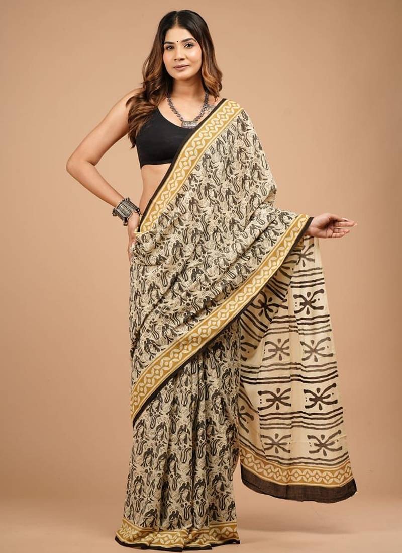 Beige cotton hand block printed mulmul sarees with attach printed blouse