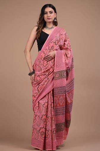 Pink cotton hand block printed mulmul sarees with attach printed blouse