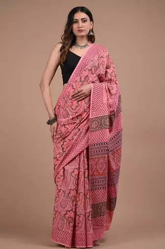Pink cotton hand block printed mulmul sarees with attach printed blouse