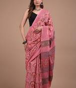 Pink cotton hand block printed mulmul sarees with attach printed blouse